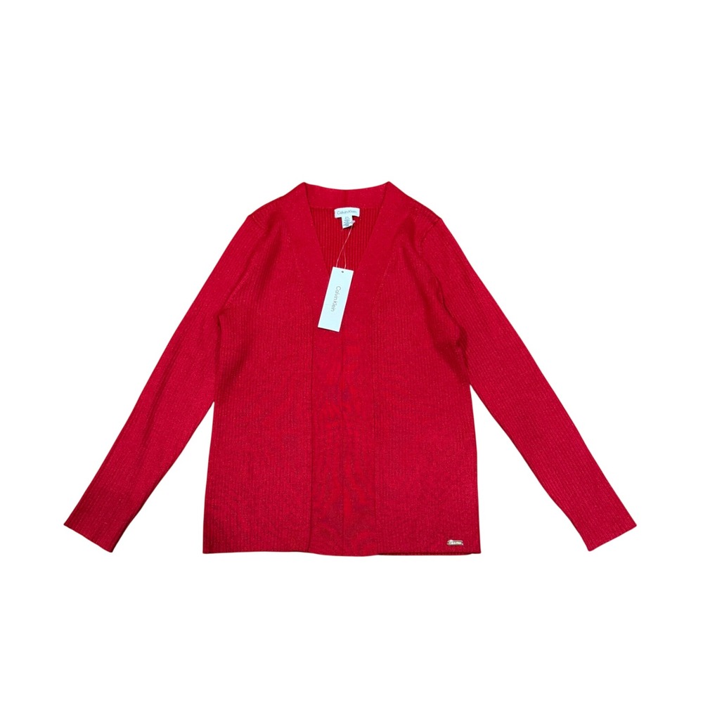 Calvin Klein Womens Red Metallic Ribbed Sweater Large L Holiday Casual NWT